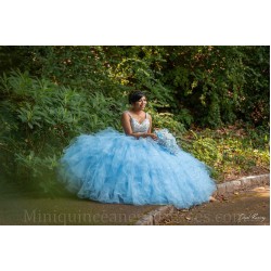 Ruffled 15 Anos Sky Blue Quince Dress Sleeveless Women 2024 Ball Gown Lace Appliques V Neck Girl Birthday Gowns