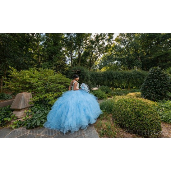 Ruffled 15 Anos Sky Blue Quince Dress Sleeveless Women 2024 Ball Gown Lace Appliques V Neck Girl Birthday Gowns