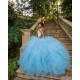 Ruffled 15 Anos Sky Blue Quince Dress Sleeveless Women 2024 Ball Gown Lace Appliques V Neck Girl Birthday Gowns