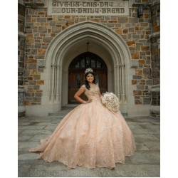 Sleeveless 15 Anos Rose Gold Quince Dress Sweetheart Neck Women 2024 Ball Gown Lace Appliques Girl Birthday Gowns