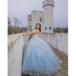 Sleeveless 15 Anos Sky Blue Quince Dress Girl Birthday Gowns Lace Appliques Sweet 15 Gowns