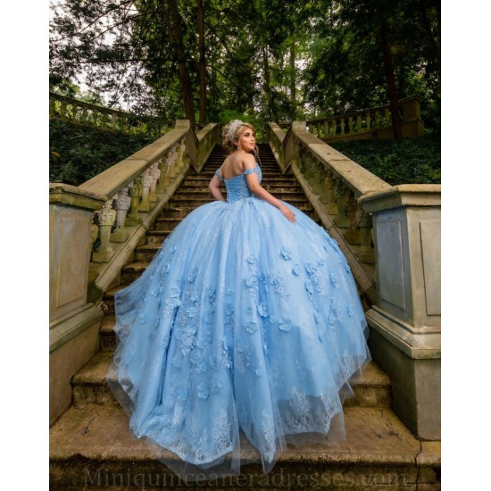 Sleeveless 15 Anos Sky Blue Quince Dress Women 2024 Ball Gown Lace Appliques V Neck Girl Birthday Gowns With 3D Flowers