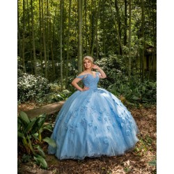 Sleeveless 15 Anos Sky Blue Quince Dress Women 2024 Ball Gown Lace Appliques V Neck Girl Birthday Gowns With 3D Flowers