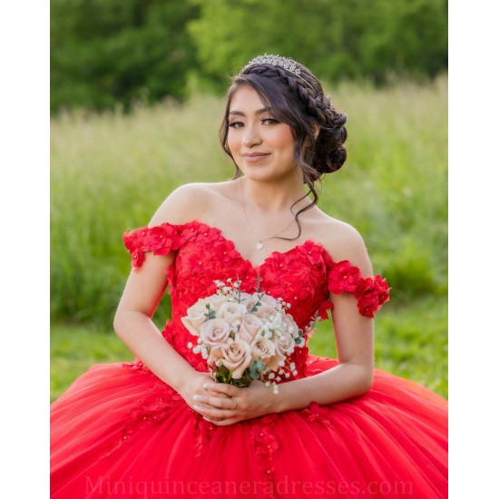 Sweetheart Neck 15 Anos Red Quince Dress Off Shoulder Women 2024 Ball Gown Girl Birthday Gowns With 3D Flowers