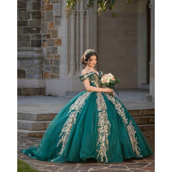 V Neck 15 Anos Emerald Green Quince Dress Off Shoulder Women 2024 Ball Gown Lace Appliques Girl Birthday Gowns