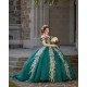 V Neck 15 Anos Emerald Green Quince Dress Off Shoulder Women 2024 Ball Gown Lace Appliques Girl Birthday Gowns