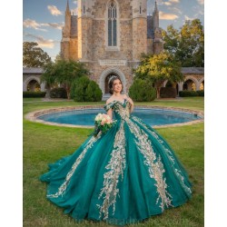 V Neck 15 Anos Emerald Green Quince Dress Off Shoulder Women 2024 Ball Gown Lace Appliques Girl Birthday Gowns