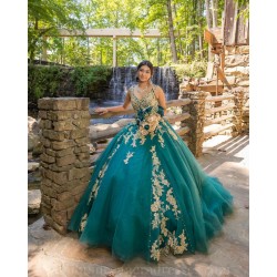 V Neck 15 Anos Emerald Green Quince Dress Sleeveless Women 2024 Ball Gown Lace Appliques Girl Birthday Gowns