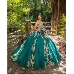 V Neck 15 Anos Emerald Green Quince Dress Sleeveless Women 2024 Ball Gown Lace Appliques Girl Birthday Gowns