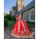 V Neck 15 Anos Red Quince Dress Off Shoulder Women 2024 Ball Gown Lace Appliques Girl Birthday Gowns