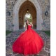 V Neck 15 Anos Red Quince Dress Sleeveless Girl Birthday Gowns Lace Appliques Sweet 15 Gowns