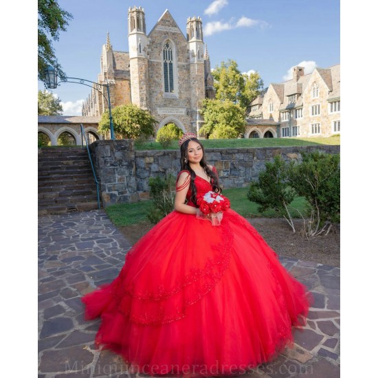 V Neck 15 Anos Red Quince Dress Sleeveless Girl Birthday Gowns Lace Appliques Sweet 15 Gowns