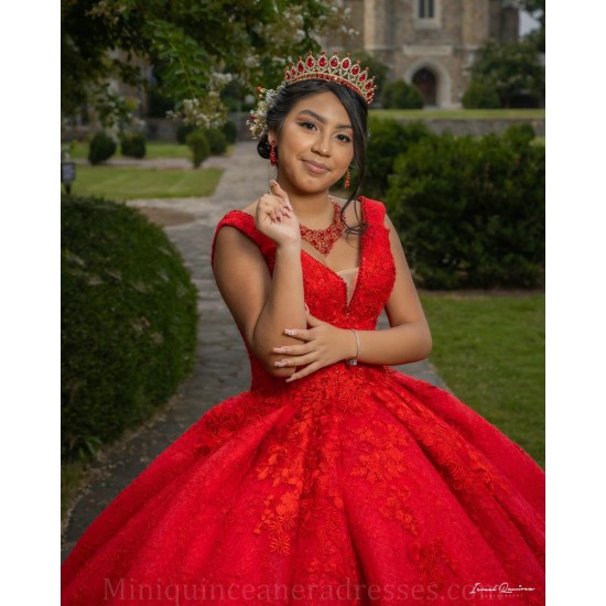 V Neck 15 Anos Red Quince Dress Sleeveless Women 2024 Ball Gown Lace Appliques Girl Birthday Gowns