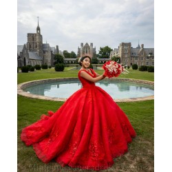 V Neck 15 Anos Red Quince Dress Sleeveless Women 2024 Ball Gown Lace Appliques Girl Birthday Gowns