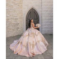 V Neck 15 Anos Rose Gold Quince Dress Lace Appliques Crystal Girl Birthday Sleeveless Gowns Sweet 15 Gowns With Bow